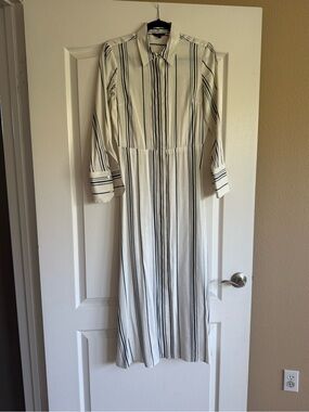 Massimo Dutti Ivory linen Maxi Shirt Dress with navy Stripes
